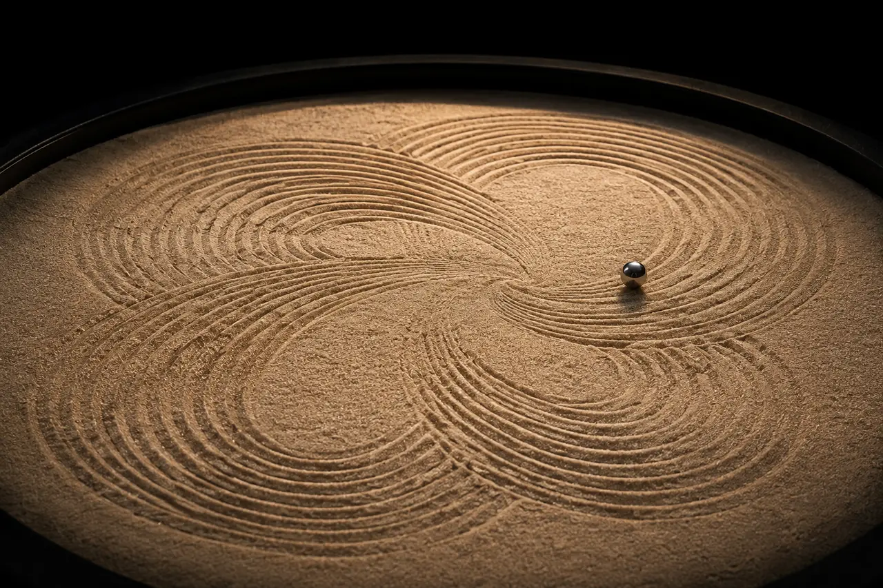 A steel marble finishing a flowing pattern in the sand of an Oasis table