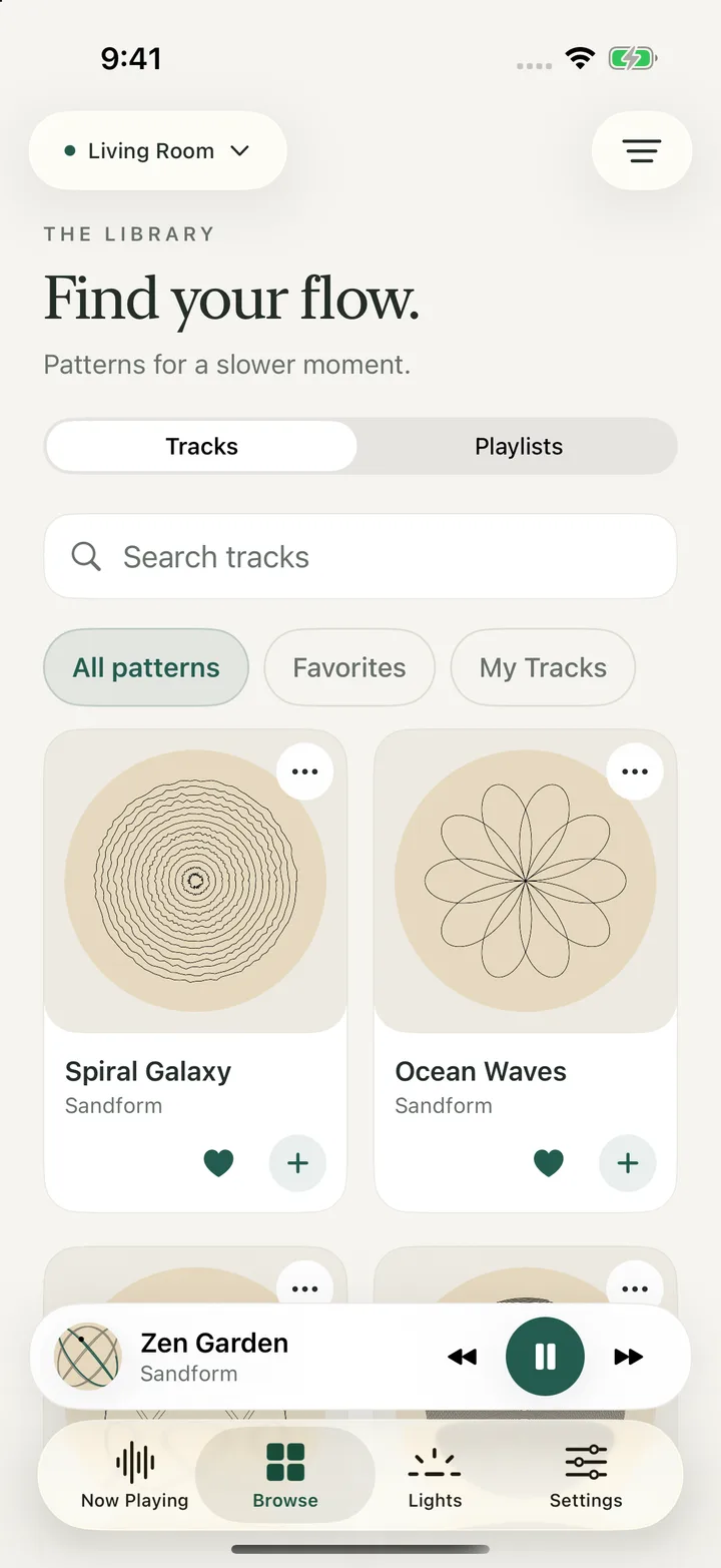 Sandform’s redesigned pattern library with sand artwork, drawing-time estimates and category filters