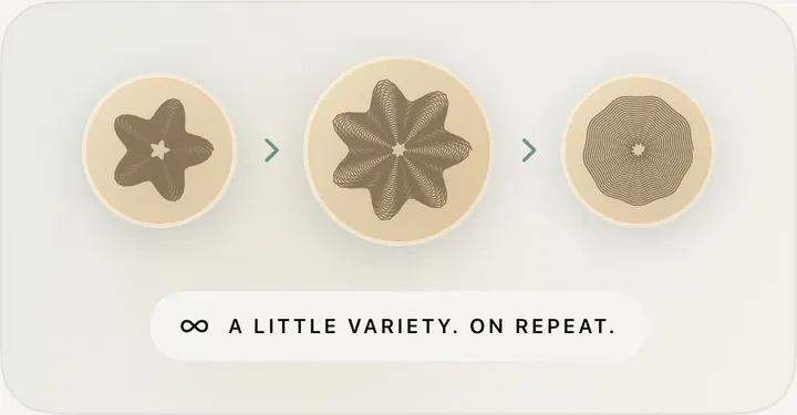 Endless Play in Sandform: three sand designs in a row, captioned “A little variety. On repeat.”