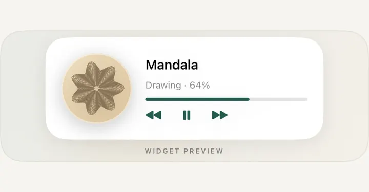The in-app guide’s labeled widget illustration: Mandala, drawing 64%, with playback controls