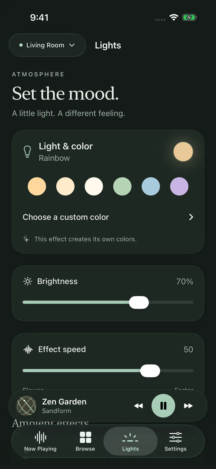 Sandform’s redesigned Lights screen in dark mode, with colors, brightness and lighting effects