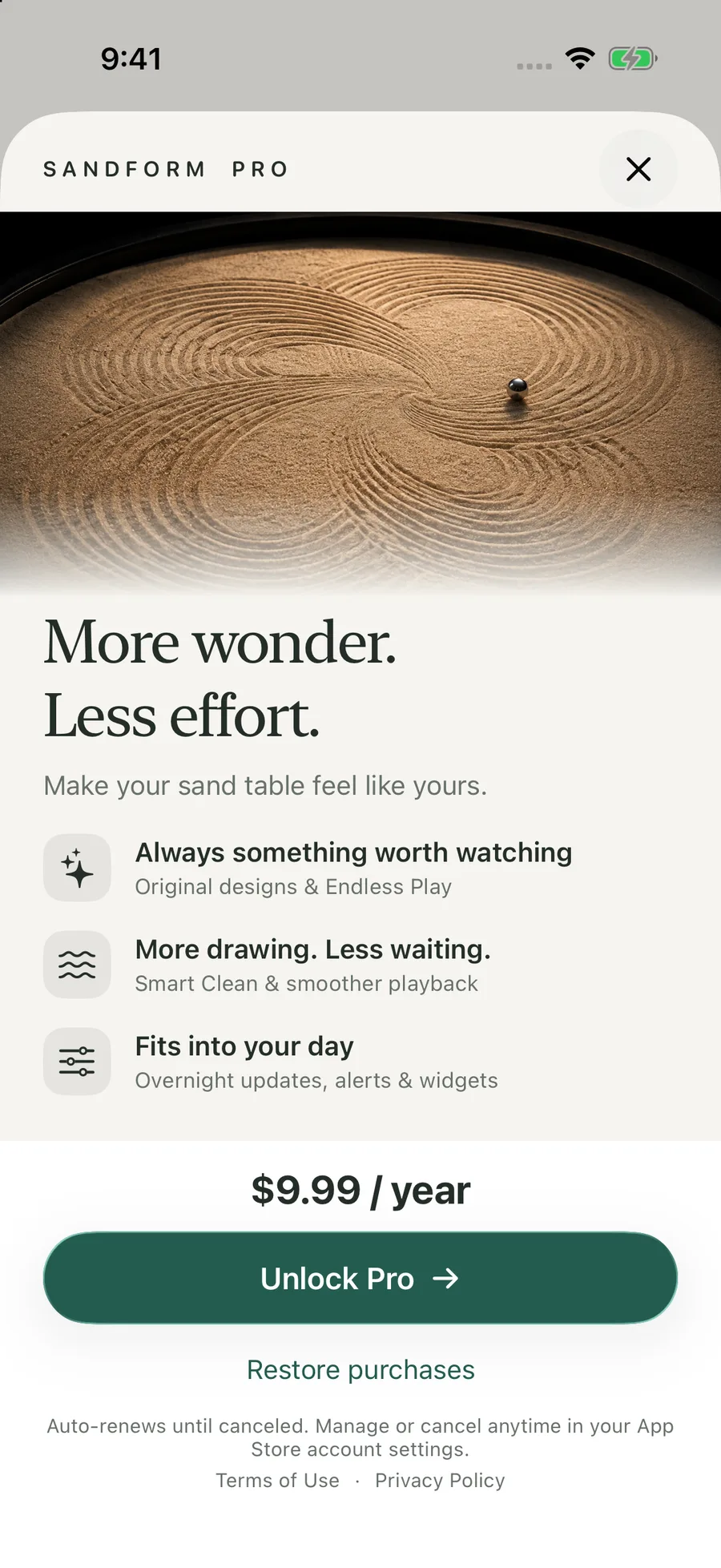 The Sandform Pro offer on iPhone: More wonder. Less effort. Original designs, Endless Play, Smart Clean, overnight updates, alerts and widgets for $9.99 a year