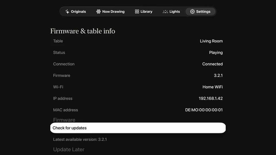 Firmware & table info in Sandform for Apple TV