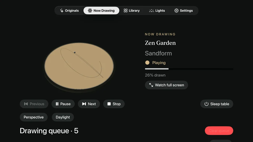 Sandform Now Drawing on Apple TV, with a sand preview, progress, and playback controls