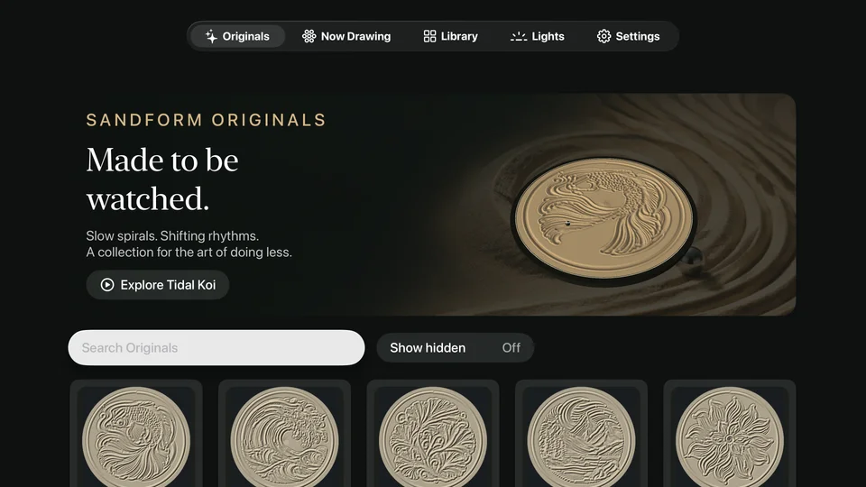 The Sandform Originals gallery on Apple TV with a Tidal Koi sand preview and design thumbnails