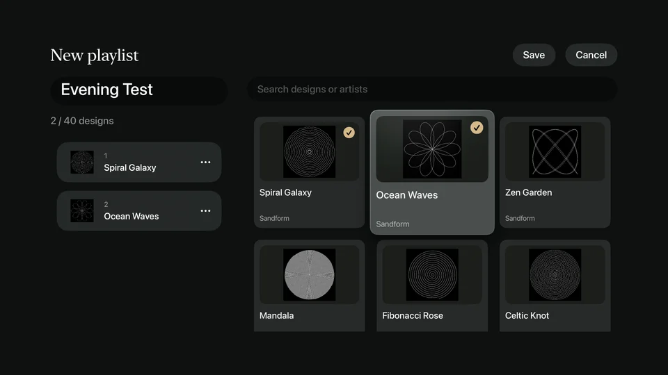 The Apple TV playlist editor, with ordered selections beside a visual design grid