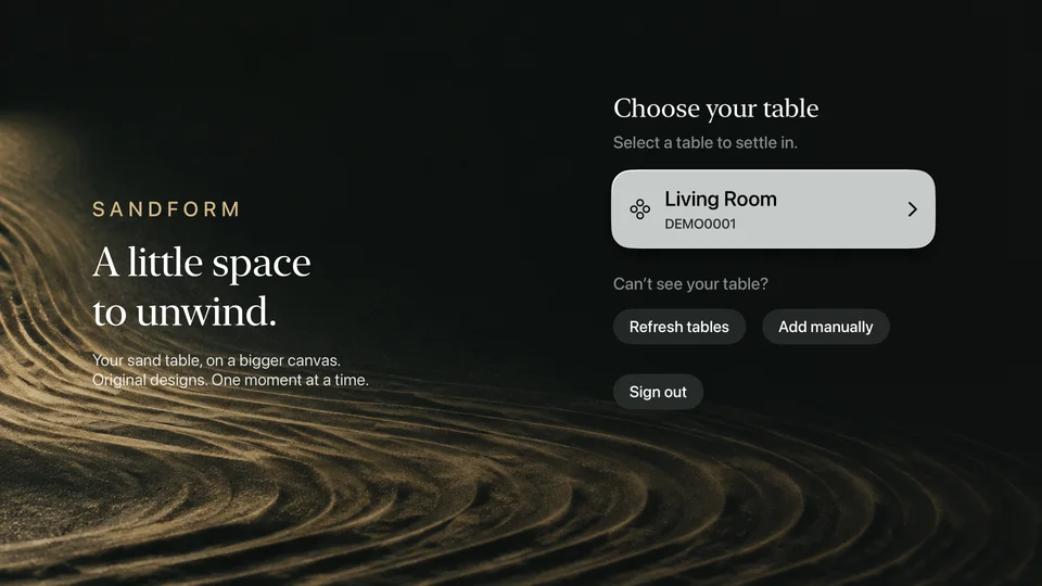 Choose your table in Sandform for Apple TV