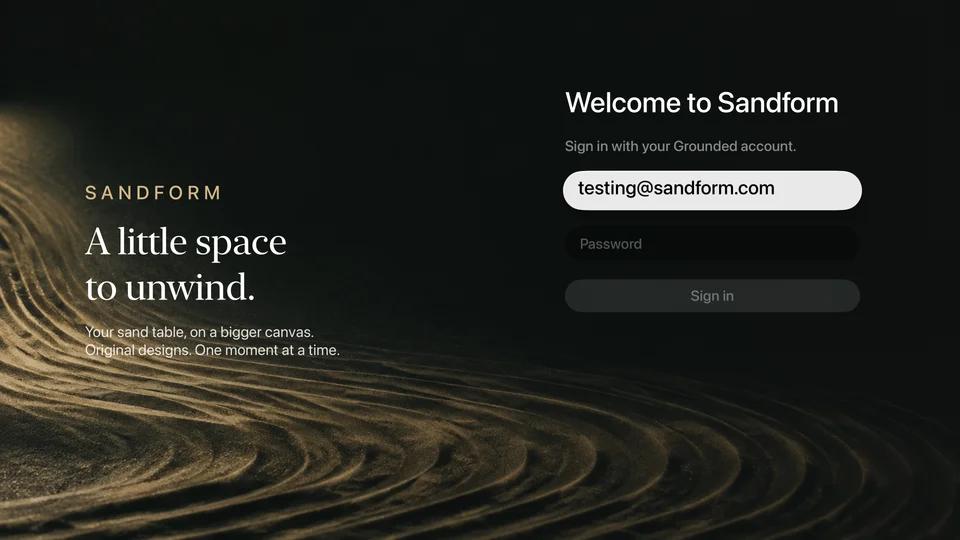 Welcome & sign in in Sandform for Apple TV