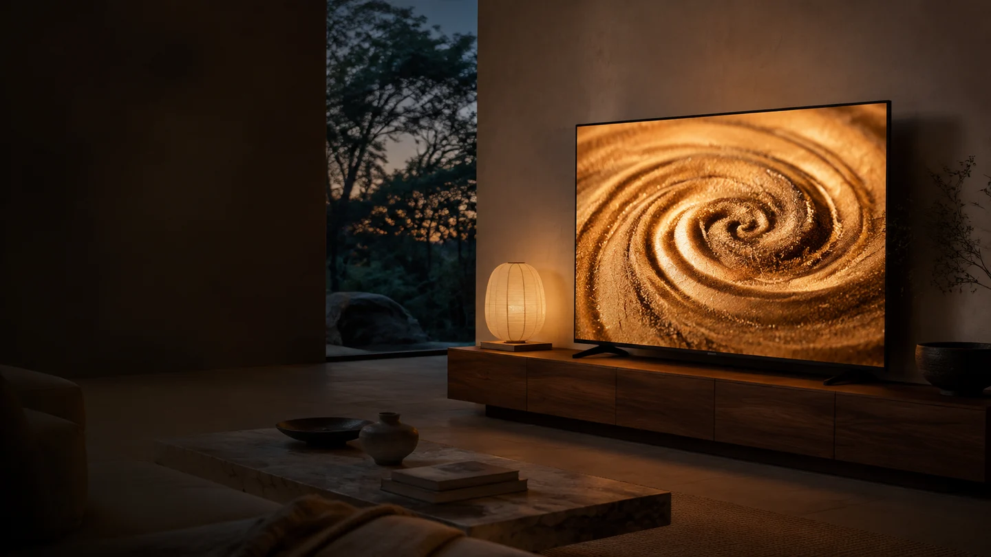 An atmospheric living-room visualization with golden sand art filling a television at dusk