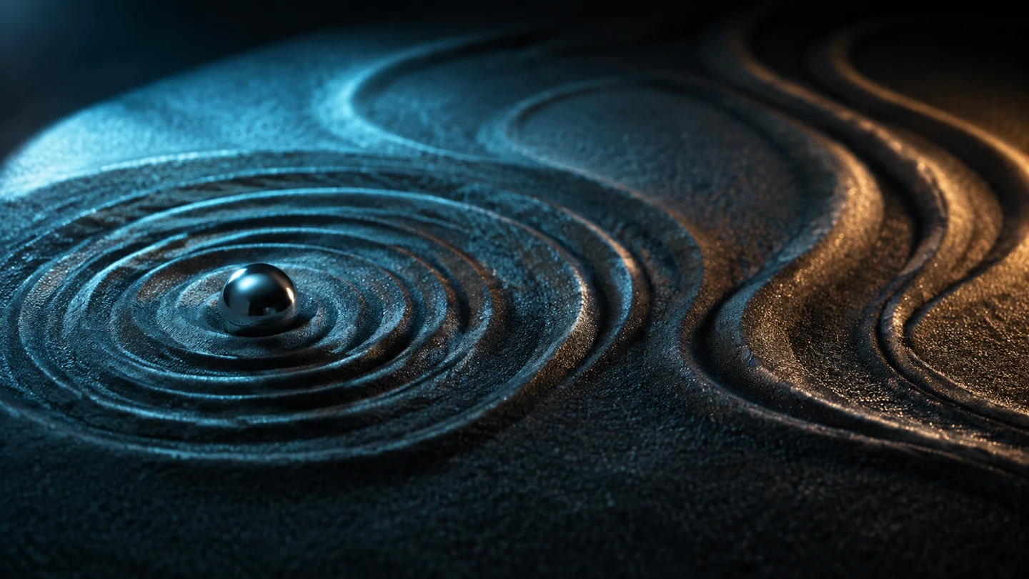 Moonlit blue and amber light moving across sculpted circular sand grooves